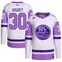 Adidas New York Islanders Men's Kelly Hrudey Authentic White/Purple Hockey Fights Cancer Primegreen NHL Jersey