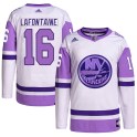 Adidas New York Islanders Men's Pat LaFontaine Authentic White/Purple Hockey Fights Cancer Primegreen NHL Jersey
