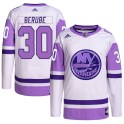 Adidas New York Islanders Youth Jean-Francois Berube Authentic White/Purple Hockey Fights Cancer Primegreen NHL Jersey