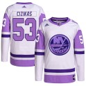 Adidas New York Islanders Youth Casey Cizikas Authentic White/Purple Hockey Fights Cancer Primegreen NHL Jersey
