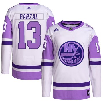 Adidas New York Islanders Men's Mathew Barzal Authentic White/Purple Hockey Fights Cancer Primegreen NHL Jersey
