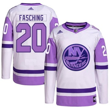Adidas New York Islanders Men's Hudson Fasching Authentic White/Purple Hockey Fights Cancer Primegreen NHL Jersey
