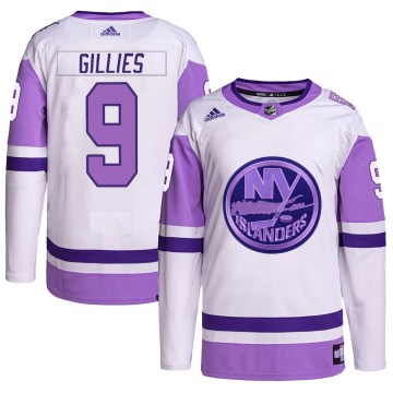 Adidas New York Islanders Men's Clark Gillies Authentic White/Purple Hockey Fights Cancer Primegreen NHL Jersey