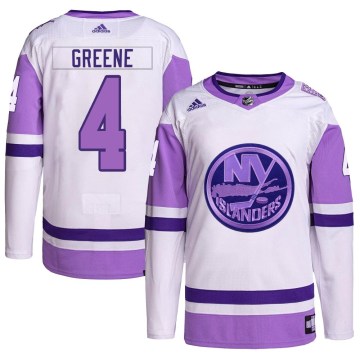 Adidas New York Islanders Men's Andy Greene Authentic White/Purple Hockey Fights Cancer Primegreen NHL Jersey