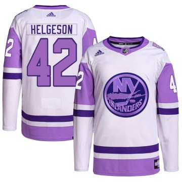 Adidas New York Islanders Men's Seth Helgeson Authentic White/Purple Hockey Fights Cancer Primegreen NHL Jersey