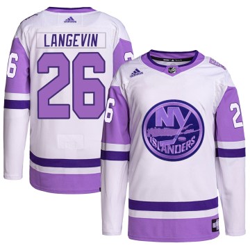 Adidas New York Islanders Men's Dave Langevin Authentic White/Purple Hockey Fights Cancer Primegreen NHL Jersey