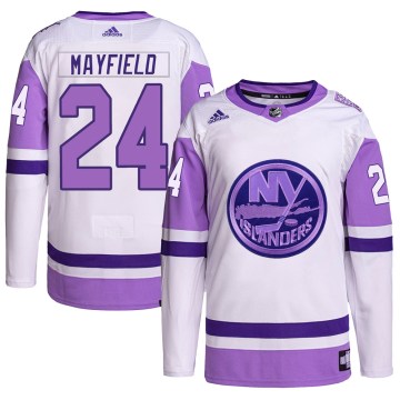 Adidas New York Islanders Men's Scott Mayfield Authentic White/Purple Hockey Fights Cancer Primegreen NHL Jersey