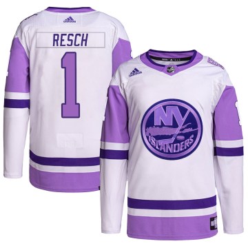 Adidas New York Islanders Men's Glenn Resch Authentic White/Purple Hockey Fights Cancer Primegreen NHL Jersey