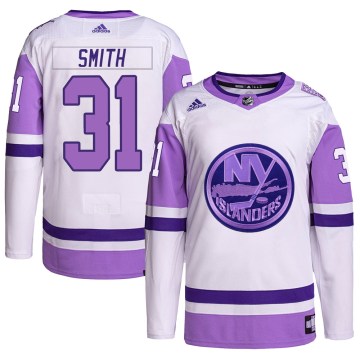 Adidas New York Islanders Men's Billy Smith Authentic White/Purple Hockey Fights Cancer Primegreen NHL Jersey
