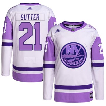 Adidas New York Islanders Men's Brent Sutter Authentic White/Purple Hockey Fights Cancer Primegreen NHL Jersey