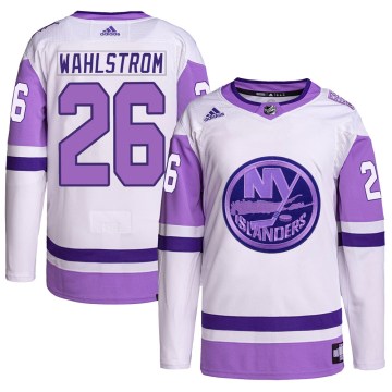 Adidas New York Islanders Men's Oliver Wahlstrom Authentic White/Purple Hockey Fights Cancer Primegreen NHL Jersey