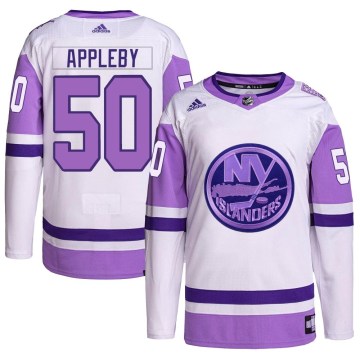 Adidas New York Islanders Youth Kenneth Appleby Authentic White/Purple Hockey Fights Cancer Primegreen NHL Jersey