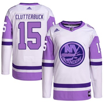 Adidas New York Islanders Youth Cal Clutterbuck Authentic White/Purple Hockey Fights Cancer Primegreen NHL Jersey