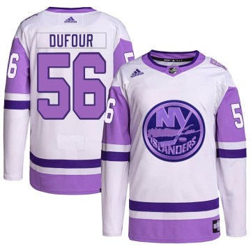 Adidas New York Islanders Youth William Dufour Authentic White/Purple Hockey Fights Cancer Primegreen NHL Jersey
