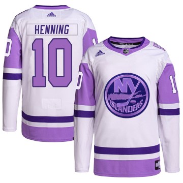 Adidas New York Islanders Youth Lorne Henning Authentic White/Purple Hockey Fights Cancer Primegreen NHL Jersey