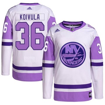 Adidas New York Islanders Youth Otto Koivula Authentic White/Purple Hockey Fights Cancer Primegreen NHL Jersey