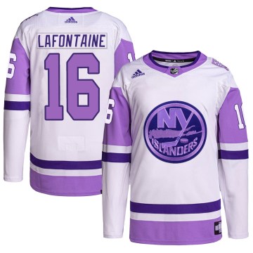 Adidas New York Islanders Youth Pat LaFontaine Authentic White/Purple Hockey Fights Cancer Primegreen NHL Jersey