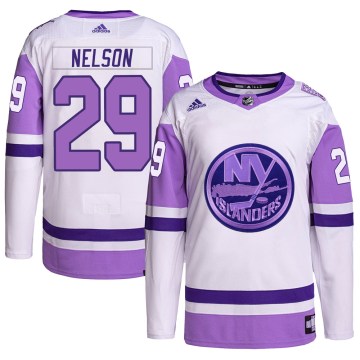 Adidas New York Islanders Youth Brock Nelson Authentic White/Purple Hockey Fights Cancer Primegreen NHL Jersey