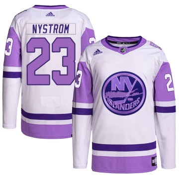 Adidas New York Islanders Youth Bob Nystrom Authentic White/Purple Hockey Fights Cancer Primegreen NHL Jersey