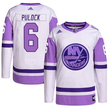 Adidas New York Islanders Youth Ryan Pulock Authentic White/Purple Hockey Fights Cancer Primegreen NHL Jersey