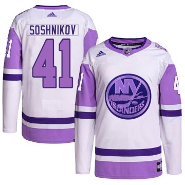Adidas New York Islanders Youth Nikita Soshnikov Authentic White/Purple Hockey Fights Cancer Primegreen NHL Jersey