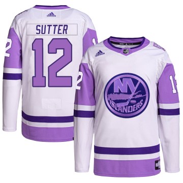 Adidas New York Islanders Youth Duane Sutter Authentic White/Purple Hockey Fights Cancer Primegreen NHL Jersey