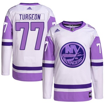 Adidas New York Islanders Youth Pierre Turgeon Authentic White/Purple Hockey Fights Cancer Primegreen NHL Jersey